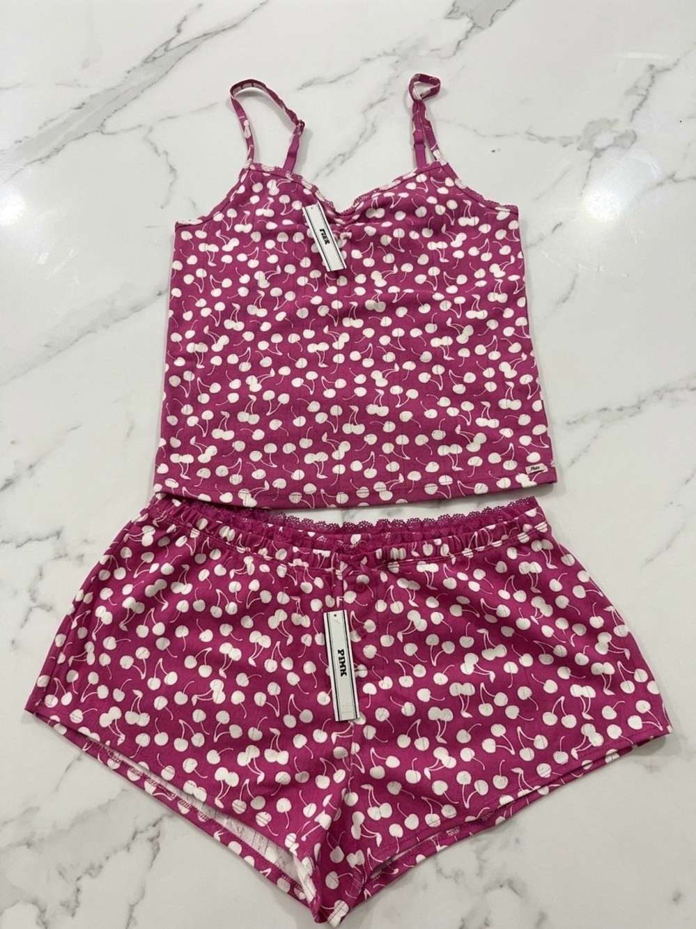 PINK Victoria's Secret Hot Pink and White Cherry Pajama Set